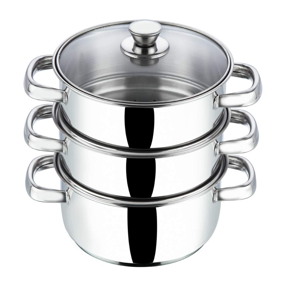 Vinod Stainless Steel 3-Tier Steamer – 20 cm | Momo & Modak Maker | Vegetable Steamer with Glass Lid & Riveted Handles | Induction & Gas Compatible, Silver