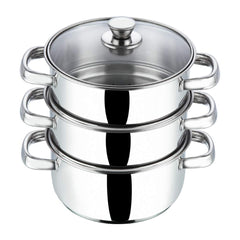 Vinod Stainless Steel 3-Tier Steamer – 20 cm | Momo & Modak Maker | Vegetable Steamer with Glass Lid & Riveted Handles | Induction & Gas Compatible, Silver