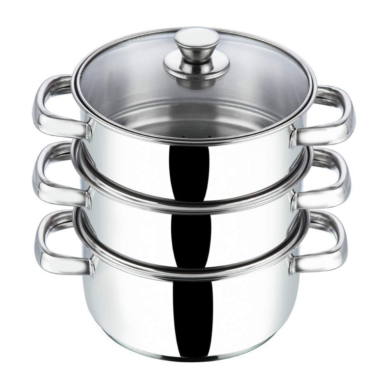 Vinod Stainless Steel 3-Tier Steamer – 20 cm | Momo & Modak Maker | Vegetable Steamer with Glass Lid & Riveted Handles | Induction & Gas Compatible, Silver