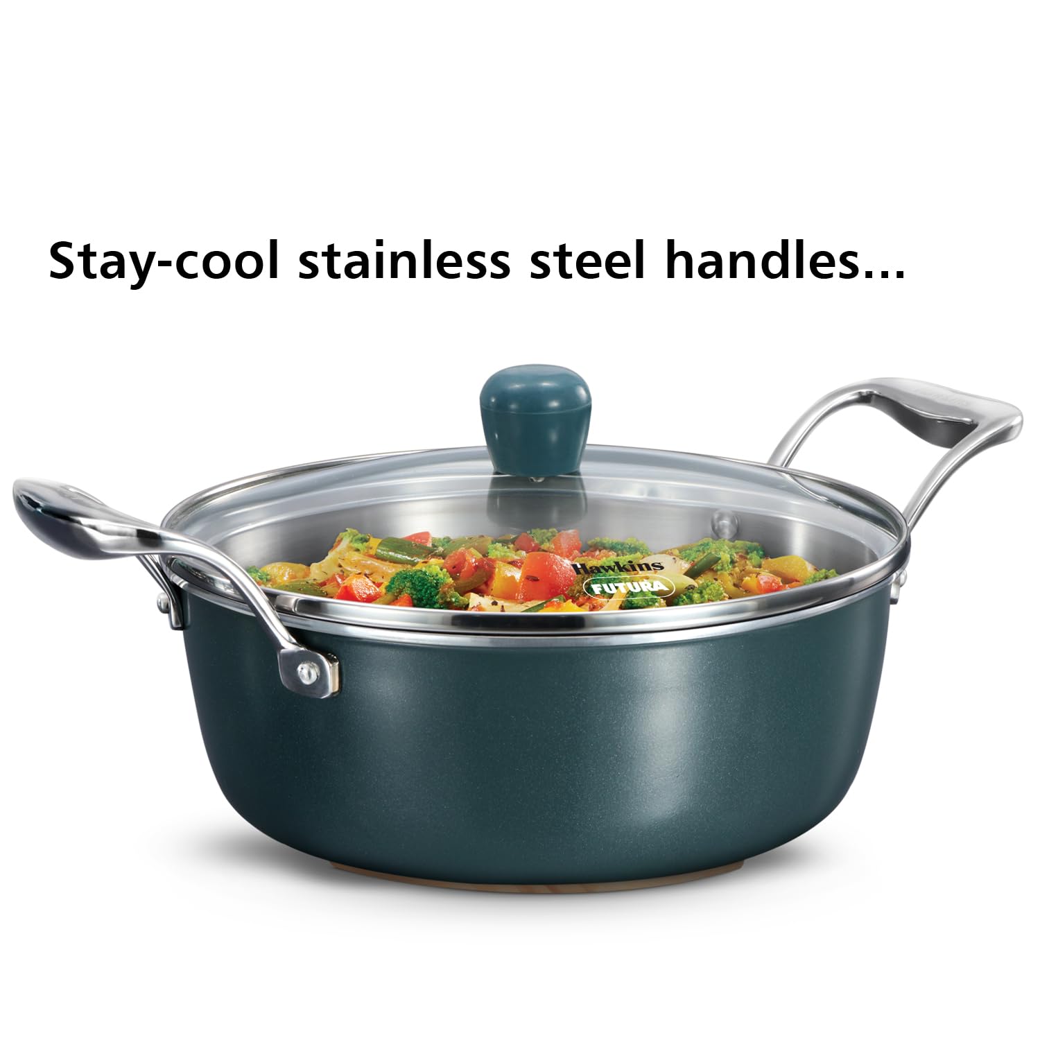 Hawkins Olive Pro 3 Litre Cook n Serve Bowl, Triply Stainless Steel Pan with Stainless Steel Handles and Glass Lid, Green (POSC30G)