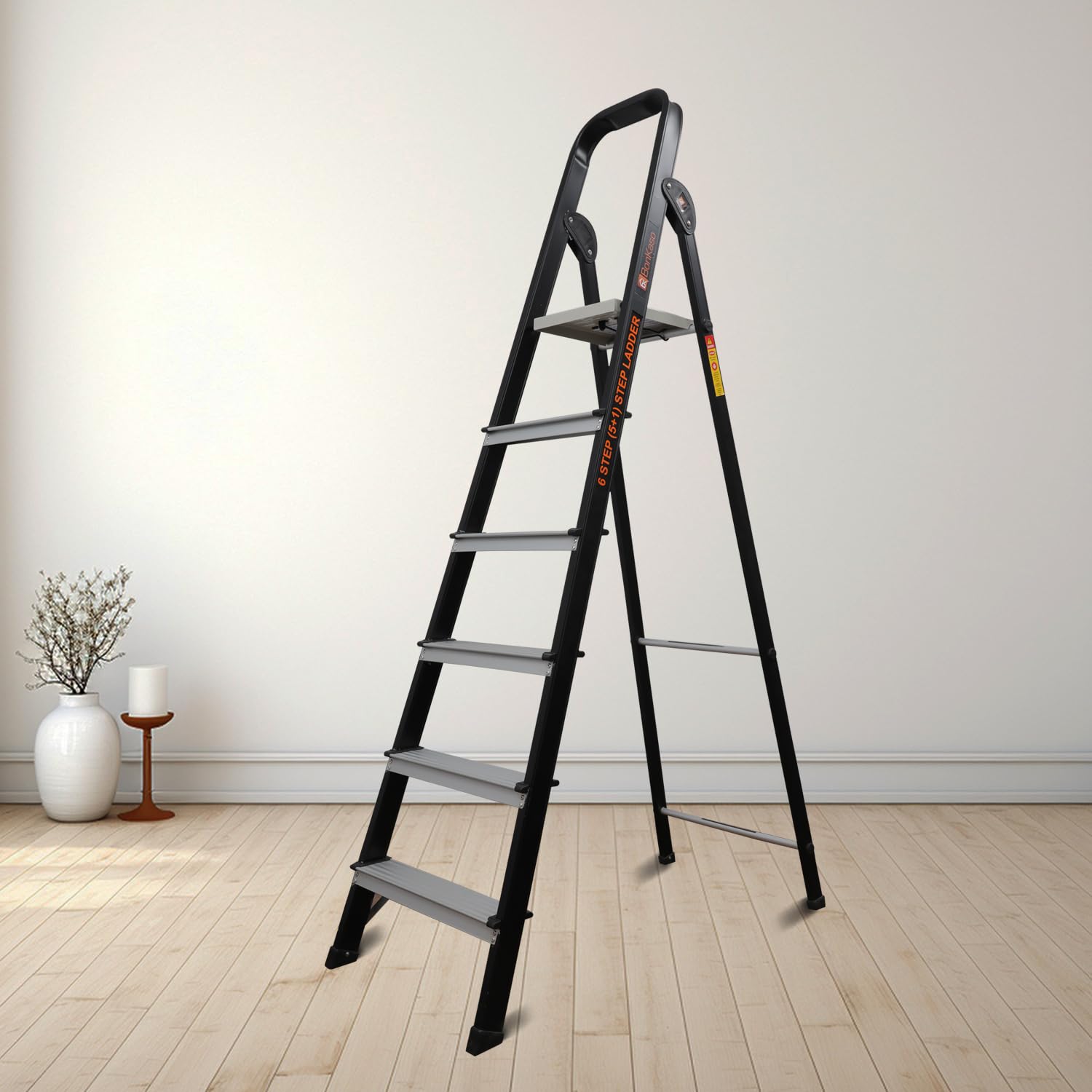 Bonkaso Climb Lite Pro 4 Steps Foldable Aluminium Ladder, upto 120kg Load Capacity, Multipurpose ladder for home & office, Anti-Skid Steps, Heavy Duty Platform, 5 Years Warranty (141h x 46w Cms) Black