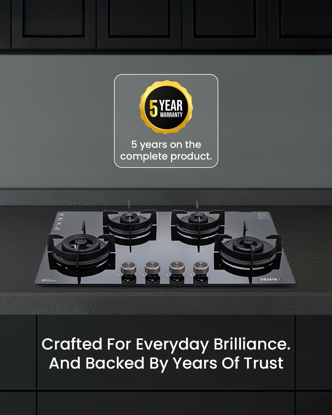 Sujata Hob Gas Stove 4 Burners Glass Top | 5 Years Warranty | 4 Burner Gas Stove Glass Top Auto Ignition, CookTop cum Hob Top, LPG & PNG Compatible, Brass Burner (Indium Auto Ignition - Black)