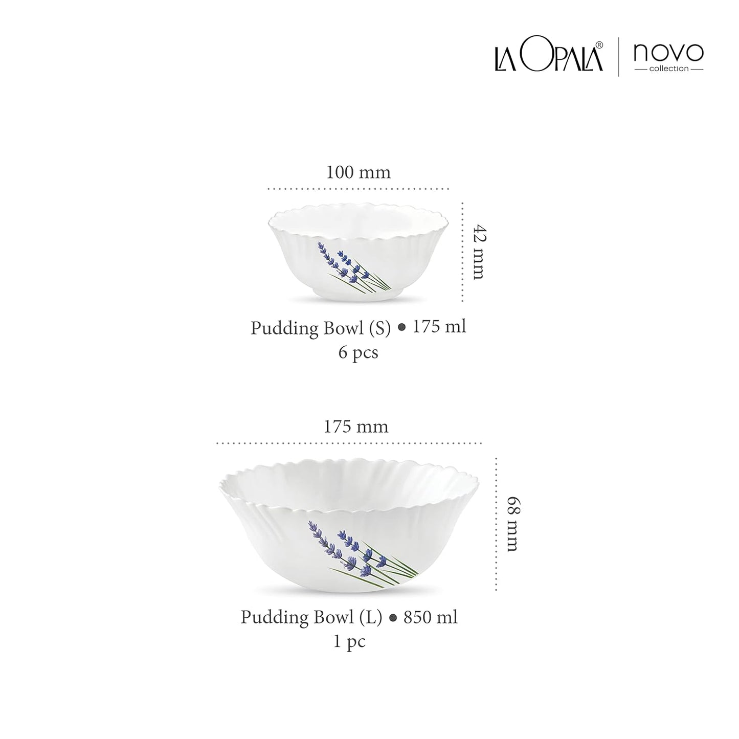La Opala, Novo Collection, Opal Glass Pudding Set 7 Pcs, English Lavender, White,‎175 ML