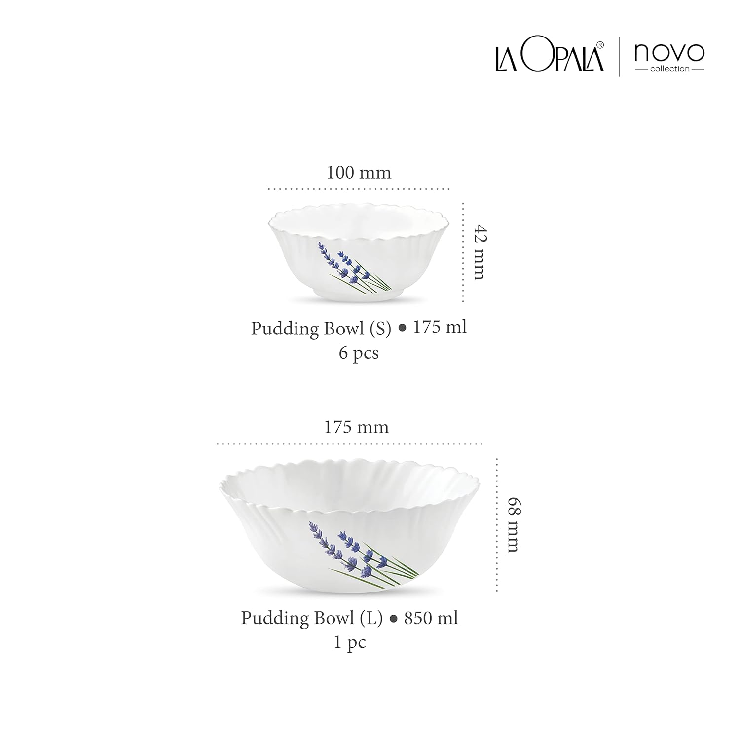La Opala, Novo Collection, Opal Glass Pudding Set 7 Pcs, English Lavender, White,‎175 ML