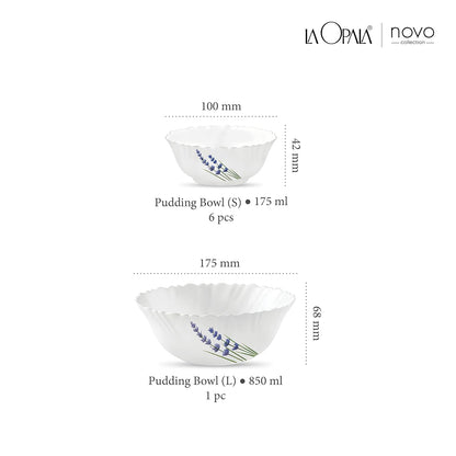 La Opala, Novo Collection, Opal Glass Pudding Set 7 Pcs, English Lavender, White,‎175 ML