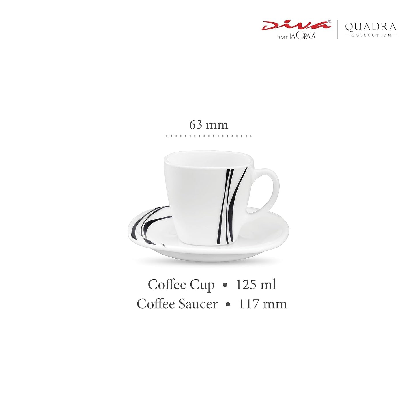 La Opala Diva, Quadra Collection Opal Glass Crockery | Coffee Cup & Saucer, Set of 12 | Midnight Black 125 ml | for Tea & Coffee | Microwave Safe | 100% Vegetarian | Extra Strong | Super Light & White