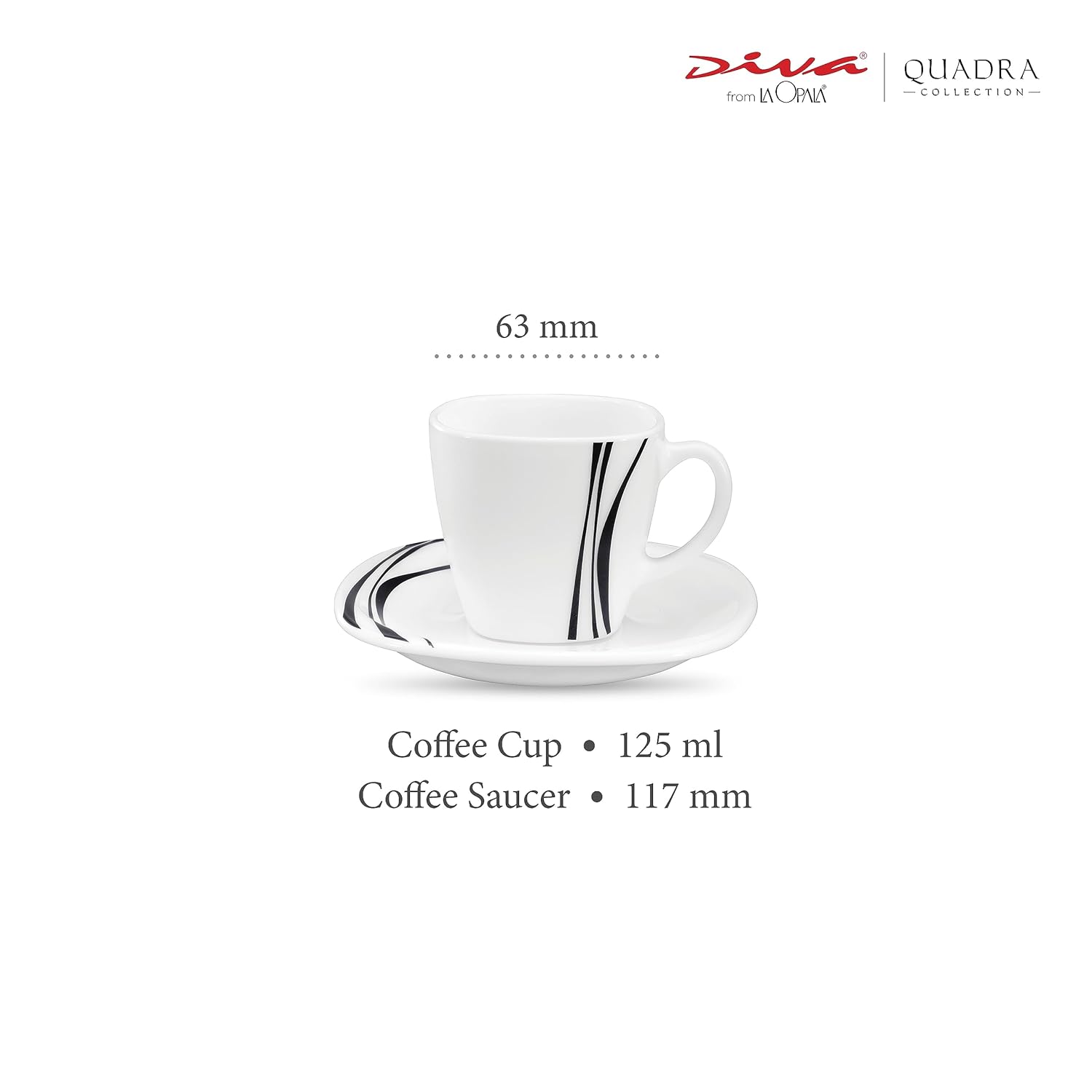 La Opala Diva, Quadra Collection Opal Glass Crockery | Coffee Cup & Saucer, Set of 12 | Midnight Black 125 ml | for Tea & Coffee | Microwave Safe | 100% Vegetarian | Extra Strong | Super Light & White