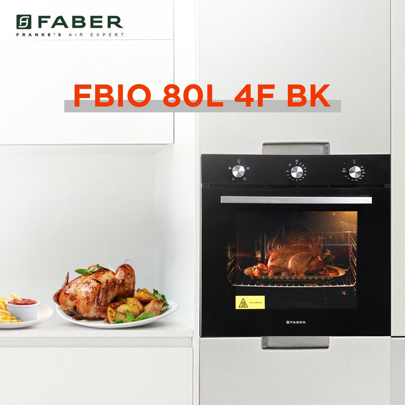 Faber 80L Built-In Black Finish Oven || Push/Pull Knob Control with Digital Display || 4 Cooking Functions with Grill Rack, Universal Pan|| FBIO 80L 4F BK with 1 Yr Comprehensive Warranty