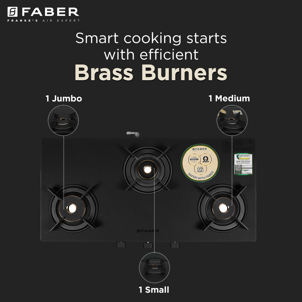 Faber Nebula Black Matt Glass Finish Cooktop |3 Brass Burners - Jumbo, Medium & Small | Manual Ignition| Heavy Pan Suppo