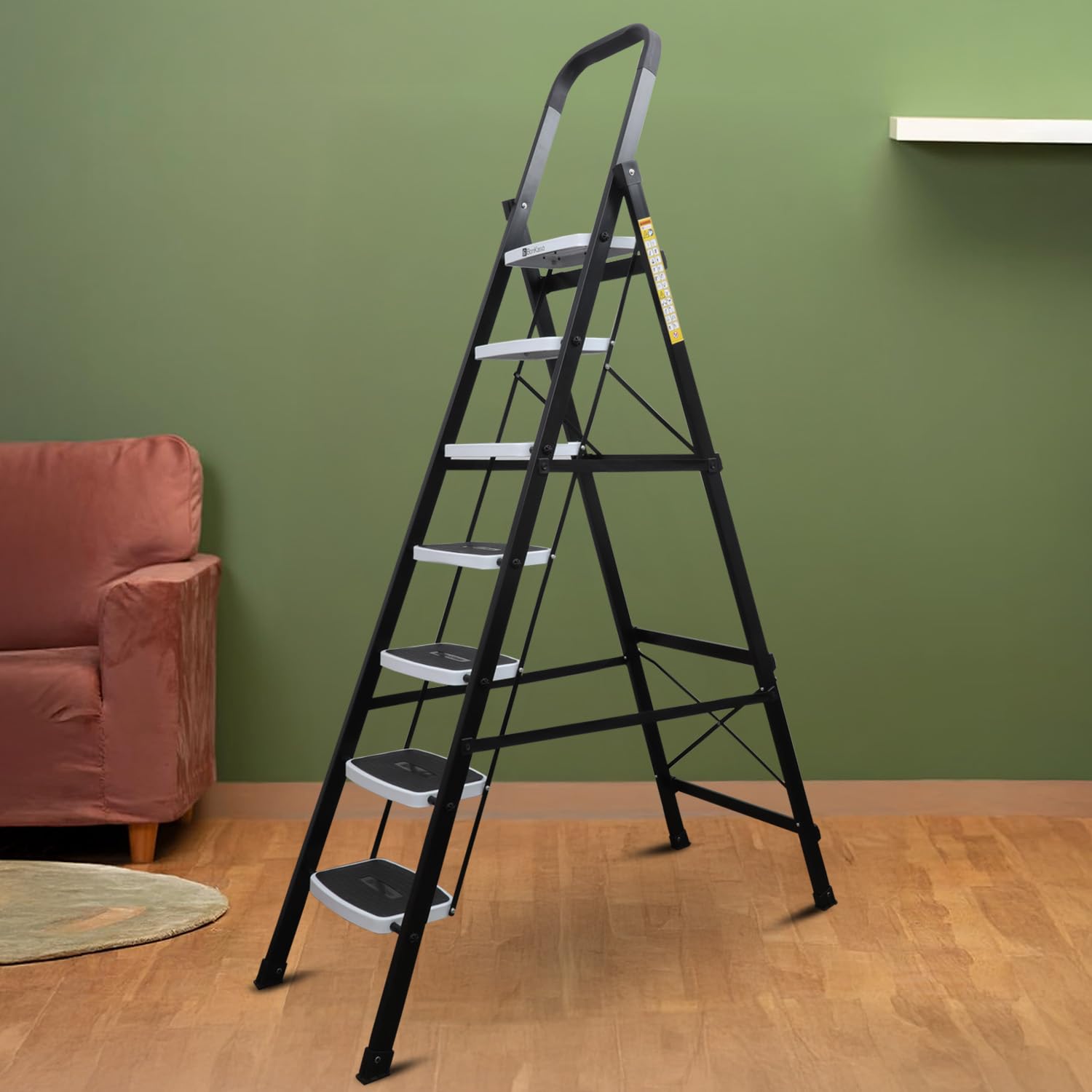 BonKaso Climb Steady Premium Alloy Steel Heavy Duty Multipurpose Foldable 5 Step Ladder with Connecting Frame & Belt Support, Load Capacity Upto 120kg | for Home and Outdoor - (Matte Black & White)