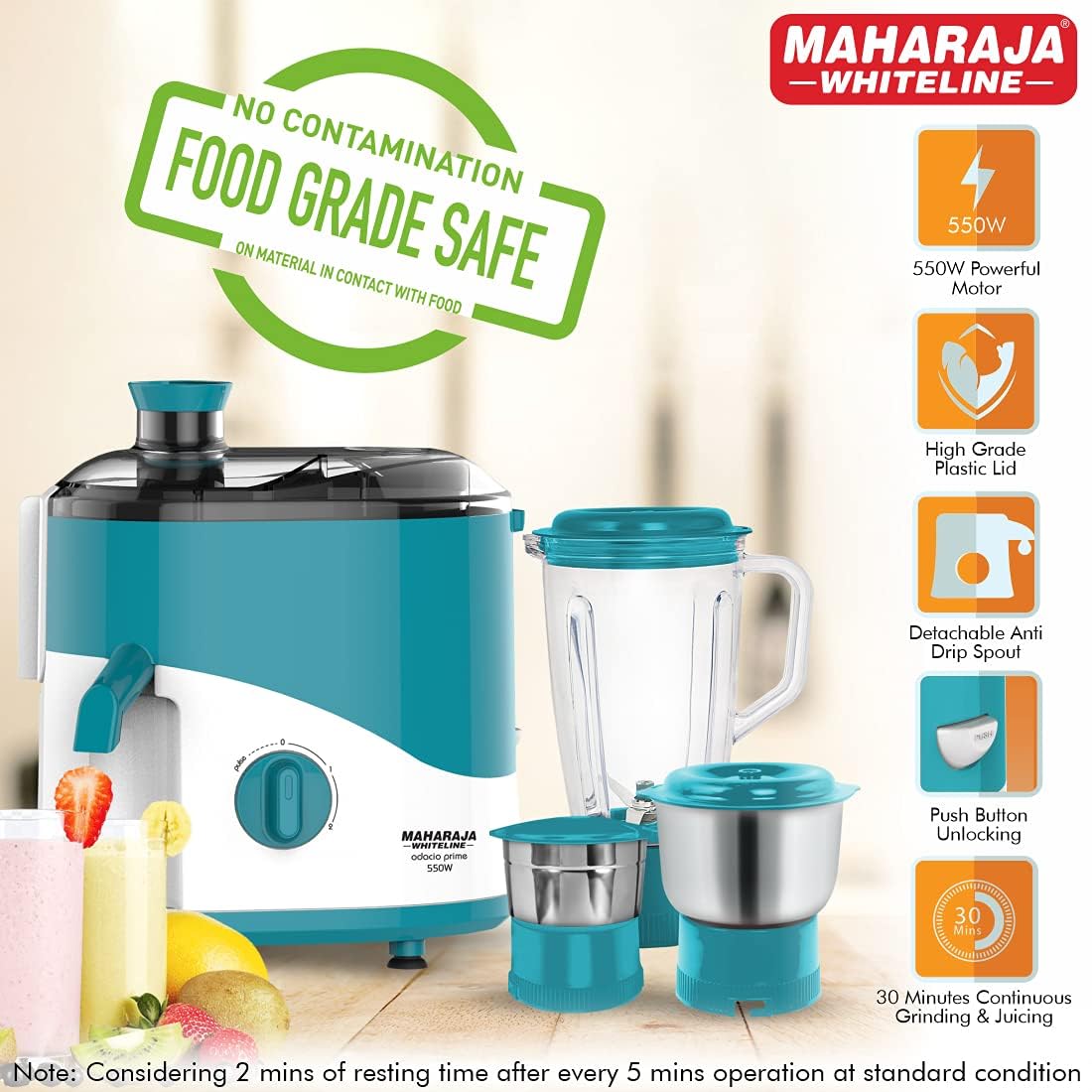 Maharaja Whiteline Odacio Prime Juicer Mixer Grinder with 3 Jars, Motor, Superior Stainless Steel Mesh, High Grade Plastic Lid for More Durability, 2 Year Warranty (Blue & White)