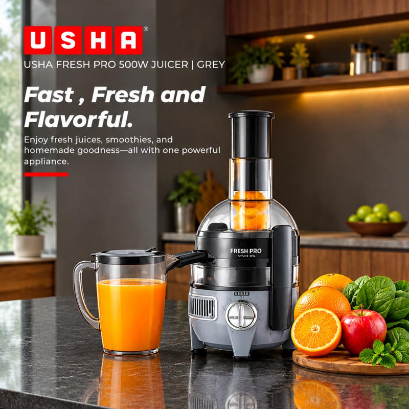 Usha Fresh Pro 500W Juicer with XL Full-Mouth Feeding Tube | 1L Juice Collector | Inverted Sieve for Easy Cleaning | 100% Copper Motor | 2-Speed Control | 5-Year Motor Warranty