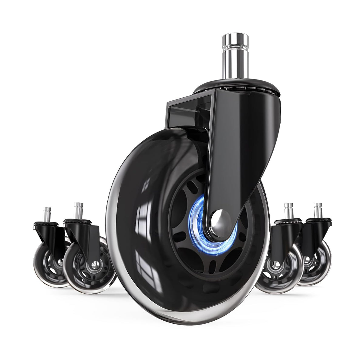 Corvids 3-Inch Universal Fit Single Caster Wheels | 2 -Year Warranty | Replaceable Rollerblade Type Steel PU Rubber, Safe for All Floors (Stem Size 11/22 mm) - Set of 5