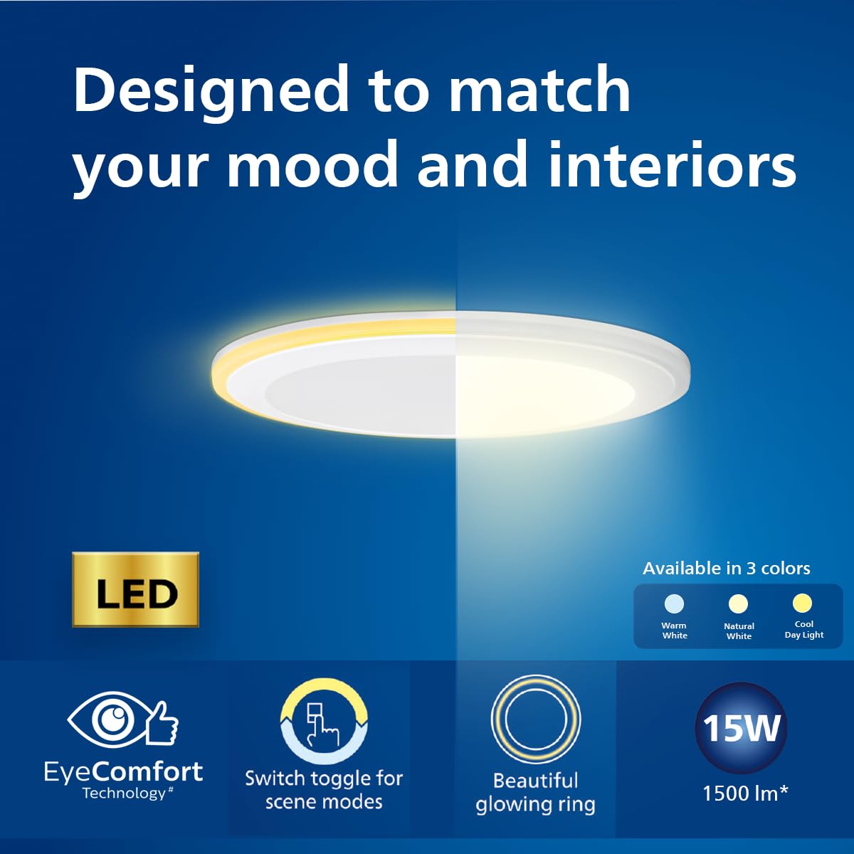 Philips 15-watt Round LED Up-Down Downlighter (Pack of 4) (Warm White + Natural White, B0D4VLKST5)
