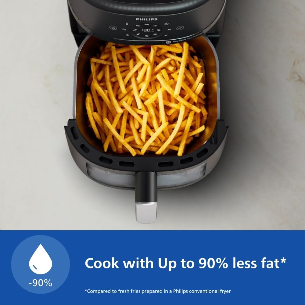 PHILIPS Air Fryer NA231/00 with touch panel, uses up to 90% less fat, 1700W, 6.2 Liter, with Rapid Air Technology (Black),Cooking window, Extra Large