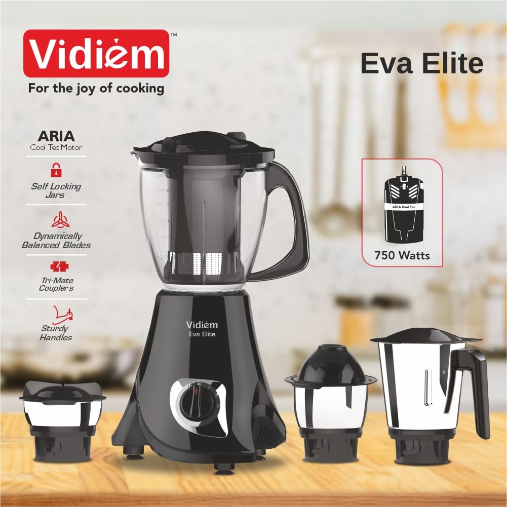 Vidiem Eva Elite Mixer Grinder 710 A, 750W with 4 Jars (1 Juicer + 3 Leakproof Jars) | Self-Locking Jars | ARIA Cool Tec