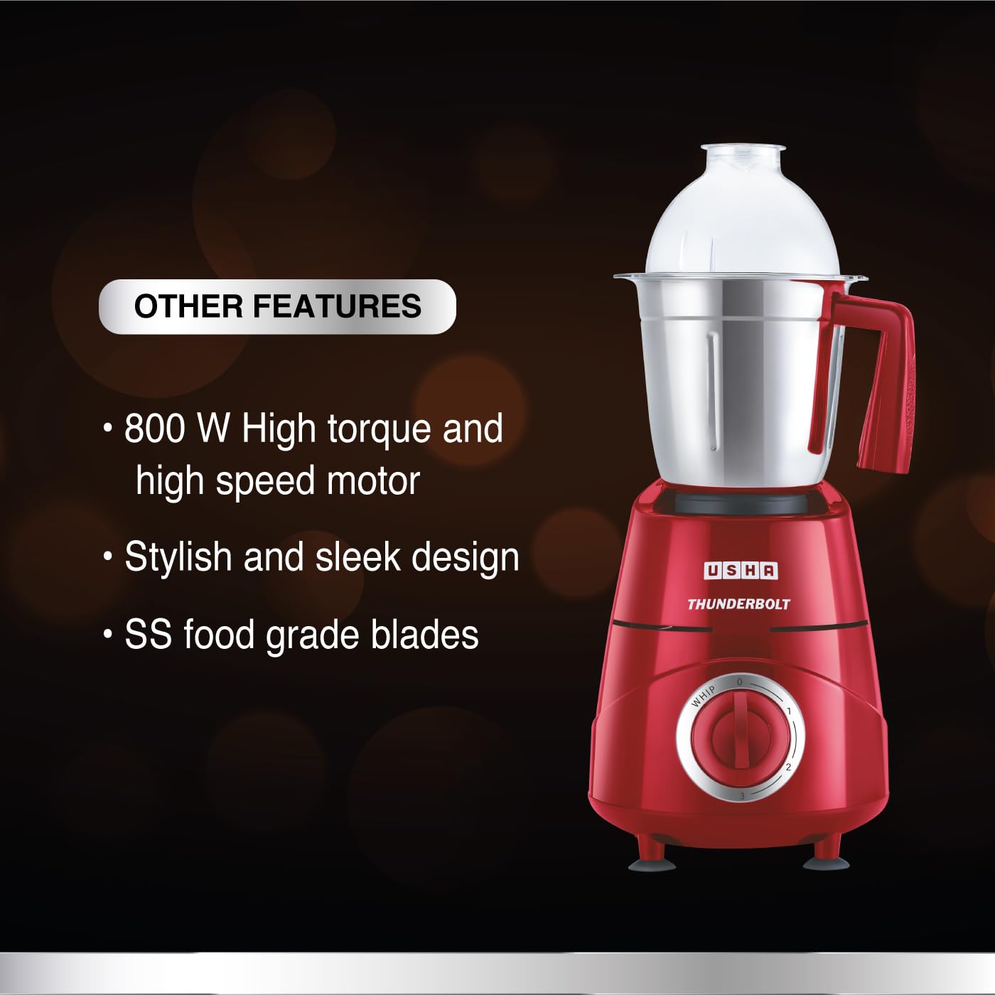 USHA Thunderbolt 800-Watt Copper Motor Mixer Grinder with 3 Jars and 5 Years Motor Warranty(Red)