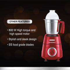 USHA Thunderbolt 800-Watt Copper Motor Mixer Grinder with 3 Jars and 5 Years Motor Warranty(Red)