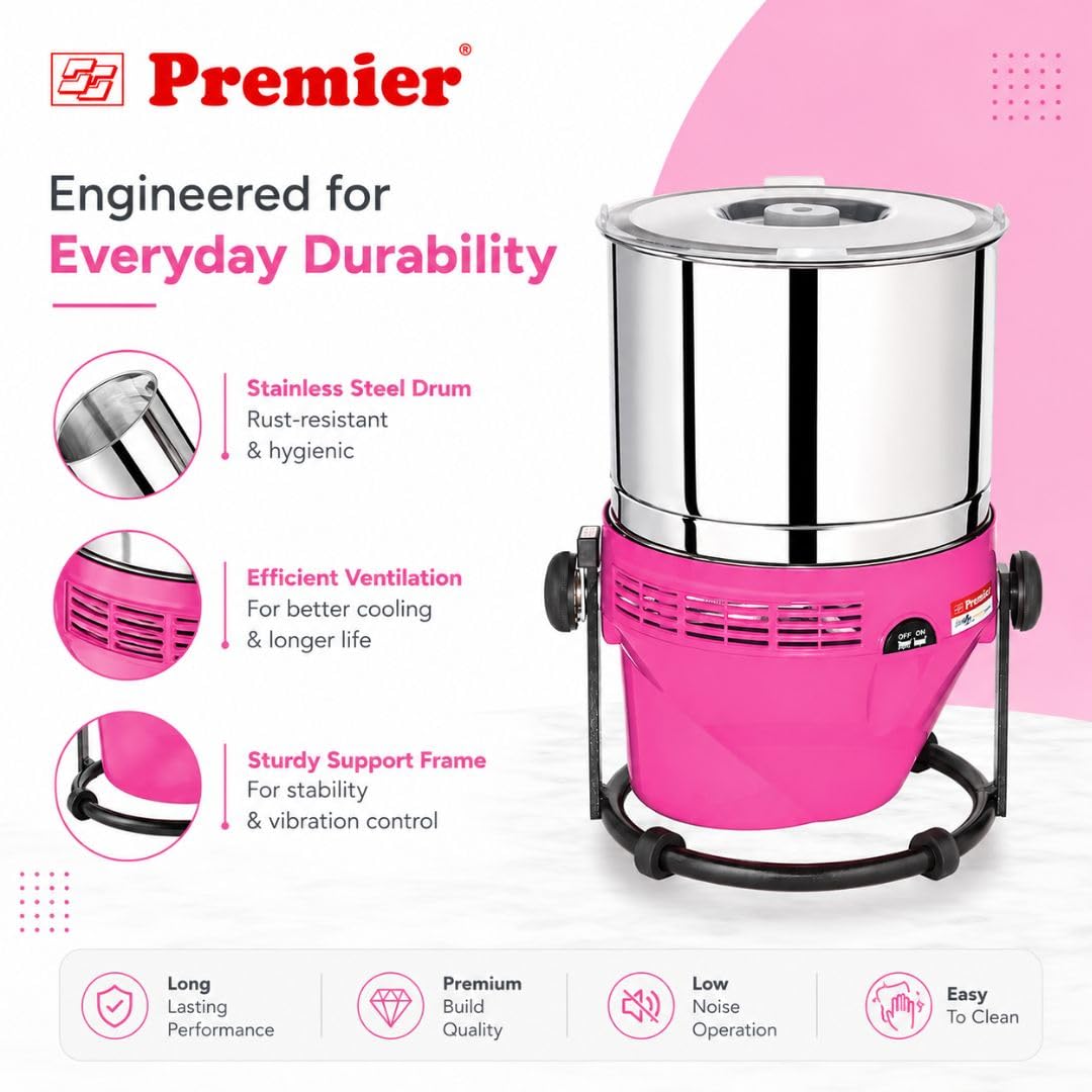 Premier Lifestyle टिल्टिंग वेट ग्राइंडर PG502 2 LTR 230 V | पिंक (गुलाबी) | इनोवेटिव टिल्टिंग डिज़ाइन, शक्तिशाली 200W मोटर, स्टाइलिश फिनिश, ग्राइंडिंग बैटर्स, पेस्ट और मसालों के लिए आदर्श | 5 साल की