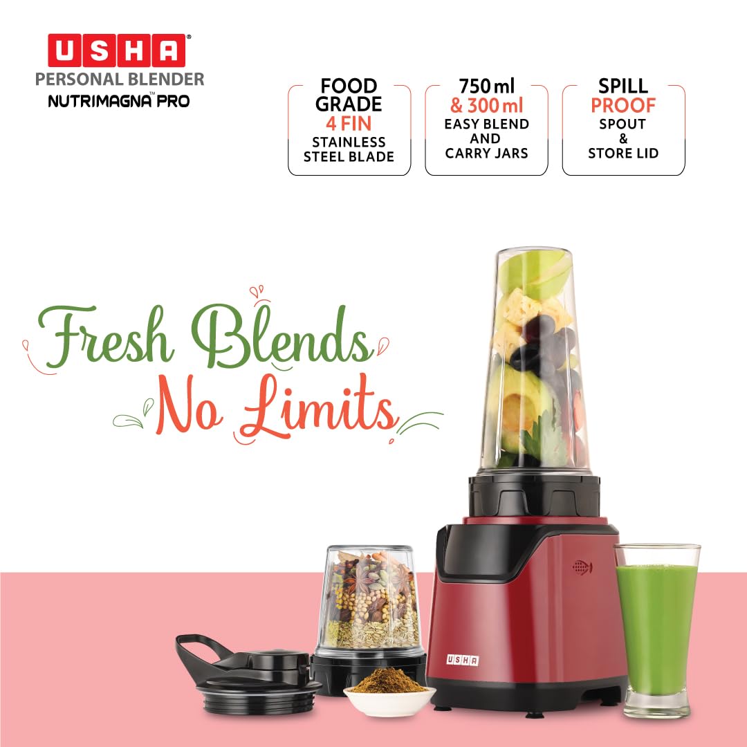 USHA Blender Nutrimagna Pro | 600W |On the Go Blender| Stainless steel blades| Spill proof spout and store lid | 2 blade assembly | Maroon