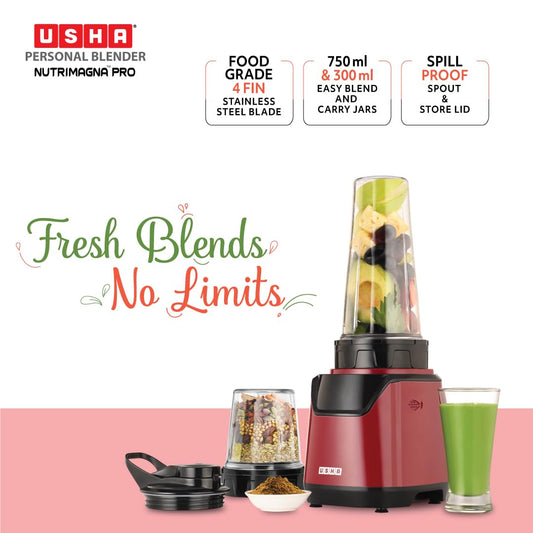 USHA Blender Nutrimagna Pro | 600W |On the Go Blender| Stainless steel blades| Spill proof spout and store lid | 2 blade assembly | Maroon
