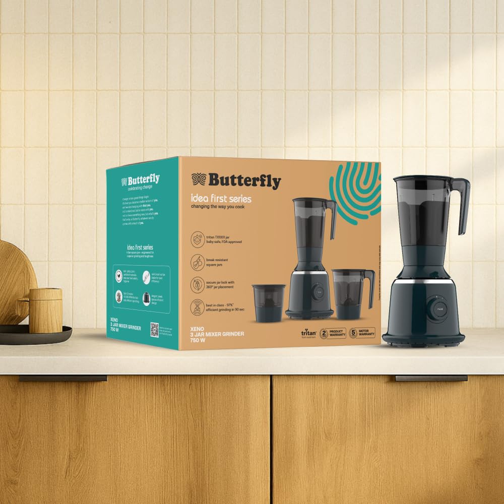 Butterfly Xeno 750W Mixer Grinder | 3 Eastman Tritan Jars (Baby Safe-FDA Approved) | Vortex Blade+Square Jars-Efficient Grinding | Secure Jar Lock | Torx21 Motor | 5 Yr Warranty