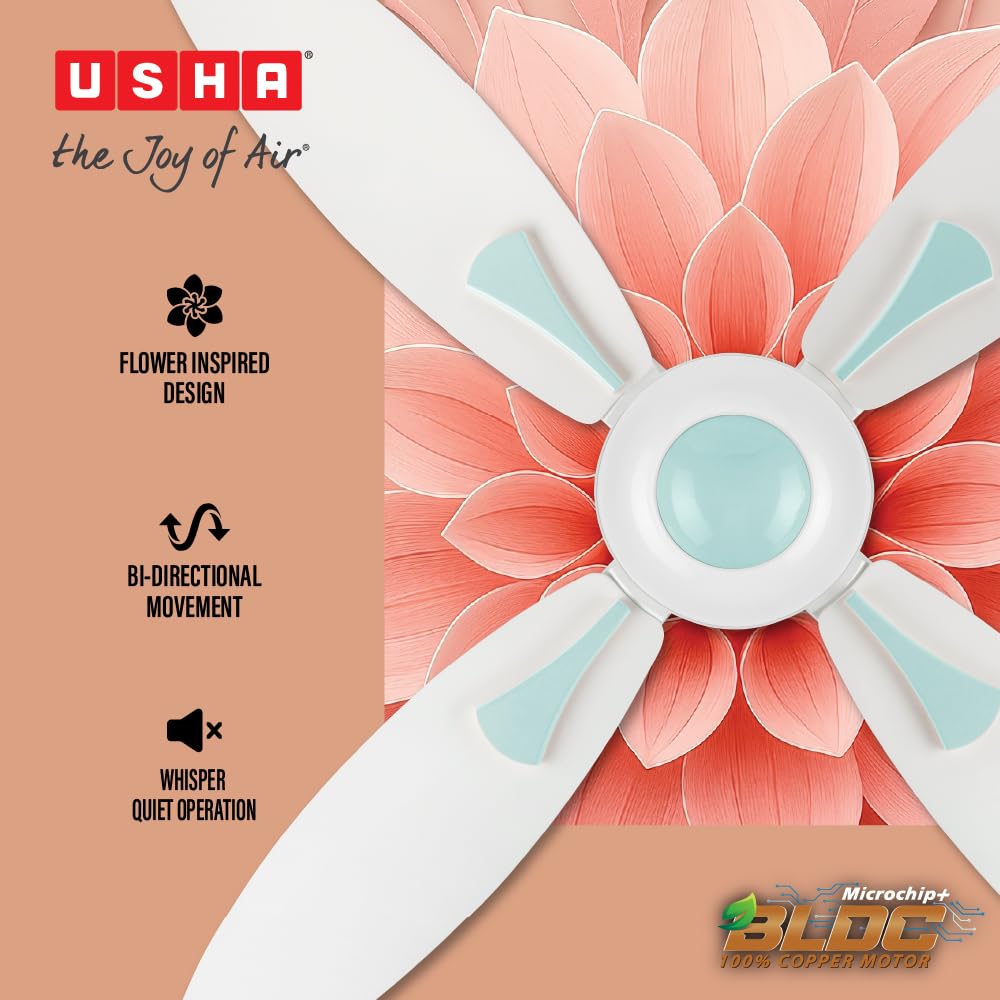USHA New Bloom Series Dahlia (Inspired by Dahlia) 4-Blade BLDC Ceiling Fan with Bi-Directional Feature | Sleep/Boost/Timer Modes | RF Remote | Dust-Resistant | Whisper-Quiet (White & Light Green)