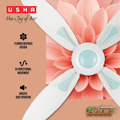 USHA New Bloom Series Dahlia (Inspired by Dahlia) 4-Blade BLDC Ceiling Fan with Bi-Directional Feature | Sleep/Boost/Timer Modes | RF Remote | Dust-Resistant | Whisper-Quiet (White & Light Green)