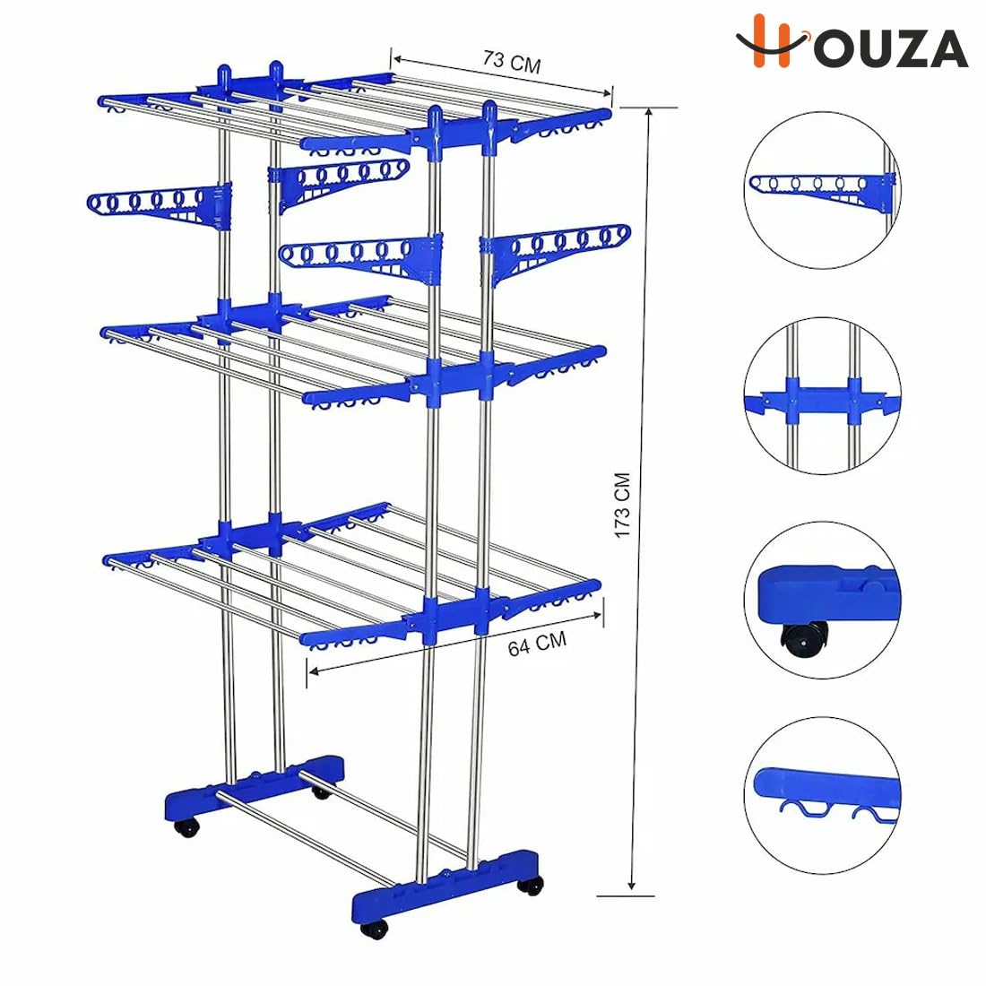 HOUZA Premium Stainless Steel Clothes Drying Stand with Wheels | 3 Layer Foldable Cloth Dryer Stand/Rack for Household, Balcony, Indoor & Outdoor | Portable & Rustproof- Blue