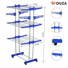 HOUZA Premium Stainless Steel Clothes Drying Stand with Wheels | 3 Layer Foldable Cloth Dryer Stand/Rack for Household, Balcony, Indoor & Outdoor | Portable & Rustproof- Blue