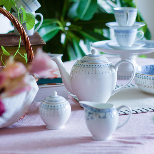 Magique by The Wishing Chair x ClayCraft : River of Flowers Ceramic Teaset 15-Piece | Teapot, Cups & Saucers, Sugar & Milk Pot | Elegant Floral Tea Set for Home High Tea Gifting Weddings Parties