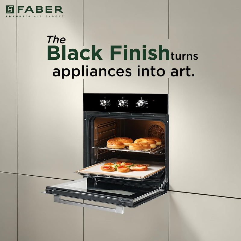 Faber 80L Built-In Full Black Glass Oven||Mechanical Timer||5 Cooking Functions with Grill Rack,Grill Tray||2-Layer Glass Door, 50–250°C Temp Range||FBIO 80L 5F BK||2Yr Comprehensive Warranty