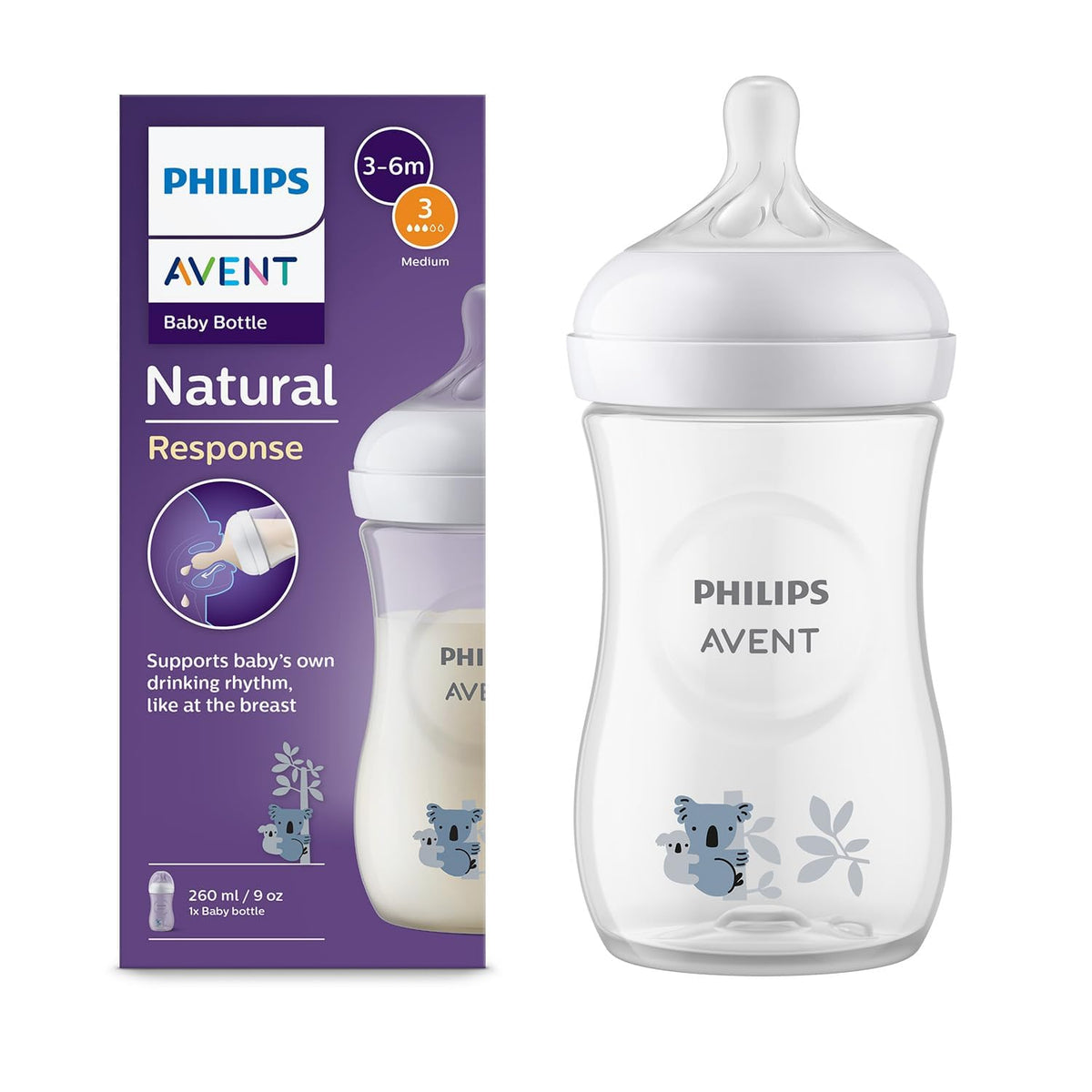 Philips Avent Natural Response Baby Bottle - 260ml Baby Milk Bottle, BPA Free for Babies 1 Month+ (SCY903/67)