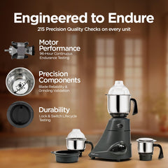 Preethi Blue Leaf Diamond Mixer Grinder, 750 Watt 3 Jars + Flexi Lid, Black