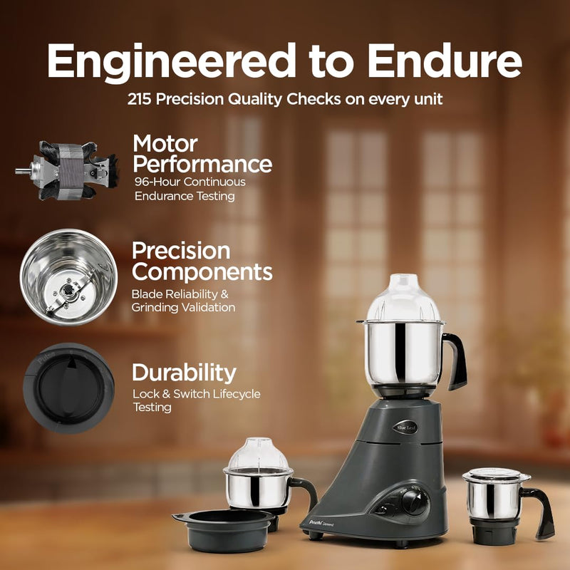 Preethi Blue Leaf Diamond Mixer Grinder, 750 Watt 3 Jars + Flexi Lid, Black