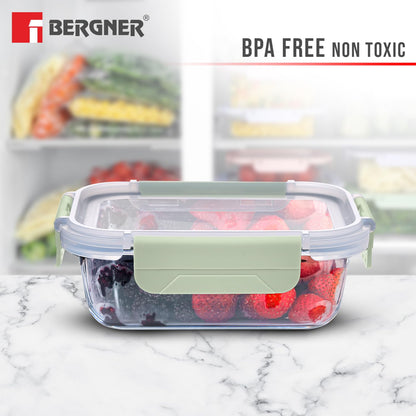 Bergner Smart Lock Borosilicate Rectangular 1.5 L Food Container for Kitchen/Tiffin, Air-Tight Lid with Locking Tabs, Space Saving, Stackable, Microwave & Oven Safe, Food Safe, Dishwasher Safe - Green