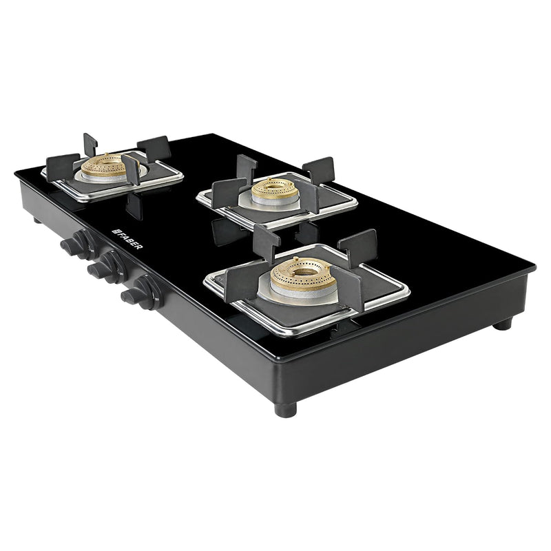 Faber Glass Top 3 Burner Gas Stove (Hob Cooktop Pearl 3BB BK) with Jumbo Burner, Diamond Coated Pan Support, Manual Igni