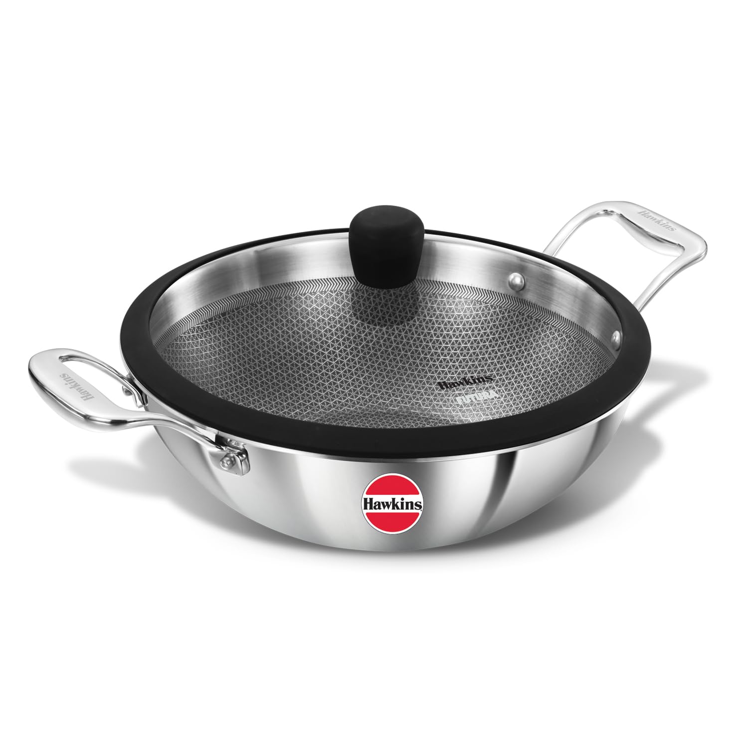 Hawkins Pro 3.5 Litre Shielded Nonstick Triply Deep-Fry Pan, Kadhai with Stainless Steel Handles and Glass Lid, Silver (PSNK35G), 26 cm