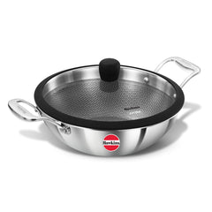 Hawkins Pro 3.5 Litre Shielded Nonstick Triply Deep-Fry Pan, Kadhai with Stainless Steel Handles and Glass Lid, Silver (PSNK35G), 26 cm