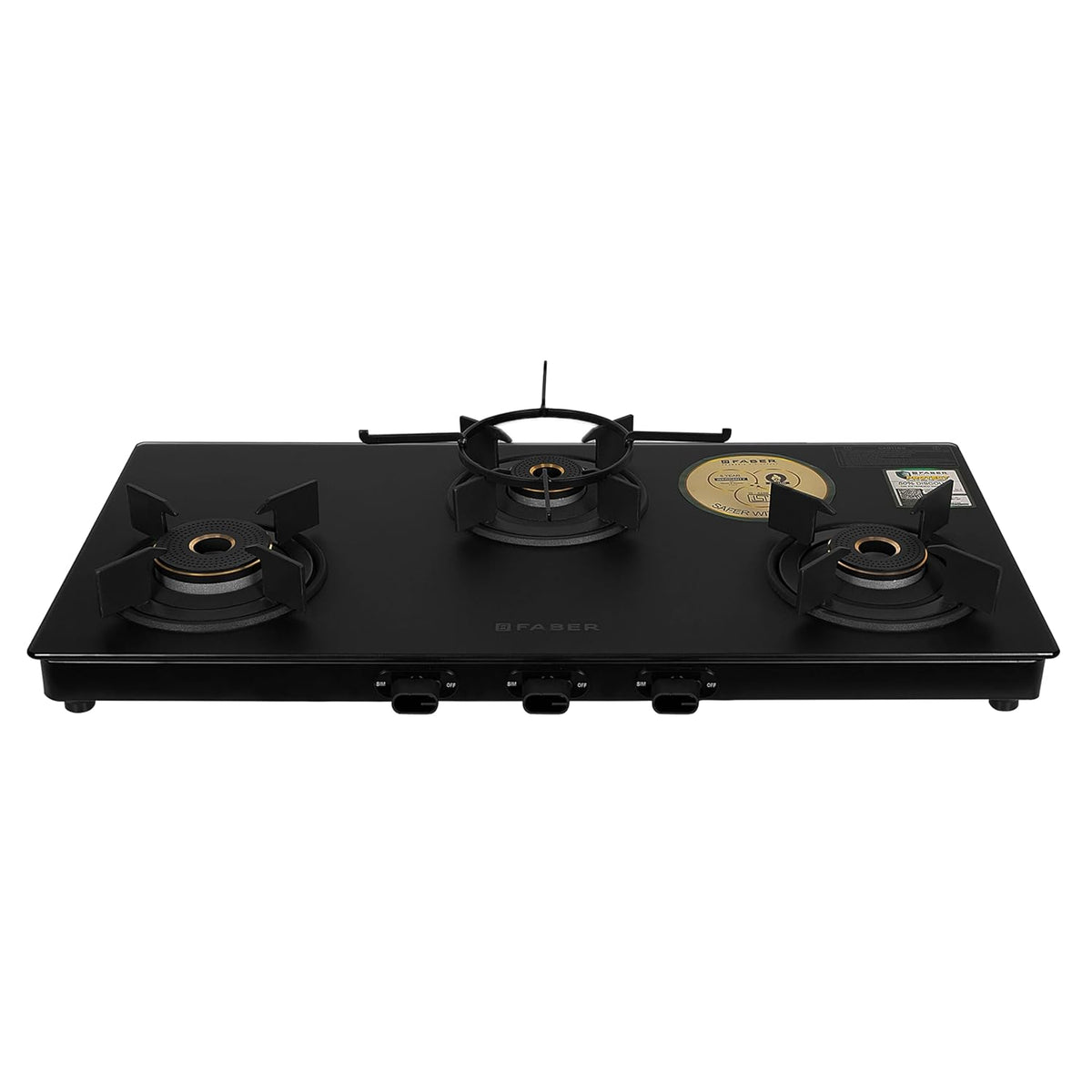 Faber Nebula Black Matt Glass Finish Cooktop |3 Brass Burners - Jumbo, Medium & Small | Manual Ignition| Heavy Pan Suppo