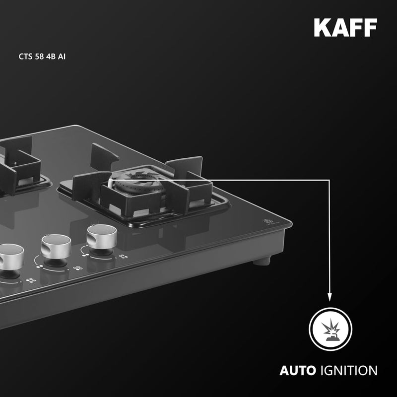 KAFF Gas Stove/Cooktop 4 Burners with Auto Electric Ignition 58 CM, Black Coated Brass Burners, Slim Line Design, Enamelled Pan Support with Integrated Flame Protector (Black) | CTS584BAI |