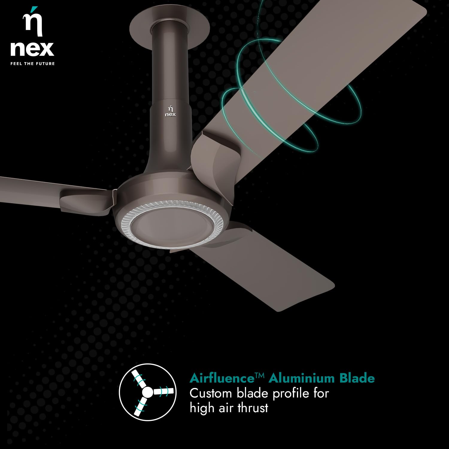 NNEX by BAJAJ Glyde A60 1200 MM | BEE 2 Star Rated Premium Ceiling Fan | 20% Higher Air Thrust* | Airfluence™ Al Blades | Adjustable Downrod | 2-Yr Warranty 【Mist Brown】