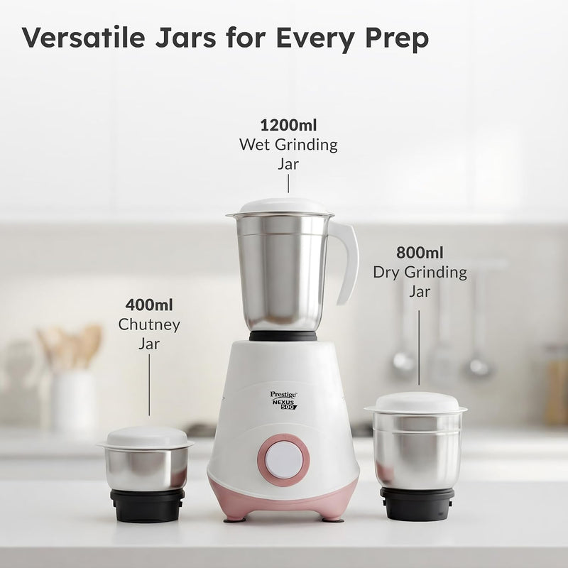 Prestige 500W Nexus Mixer Grinder with 3 Stainless Steel jars|1200ml Wet Jar,800ml dry jar, 400ml chutney jar|3 Super-efficient Blades|3 motor setting|Sturdy Handles |2 Yrs Warranty|White & Rose Gold