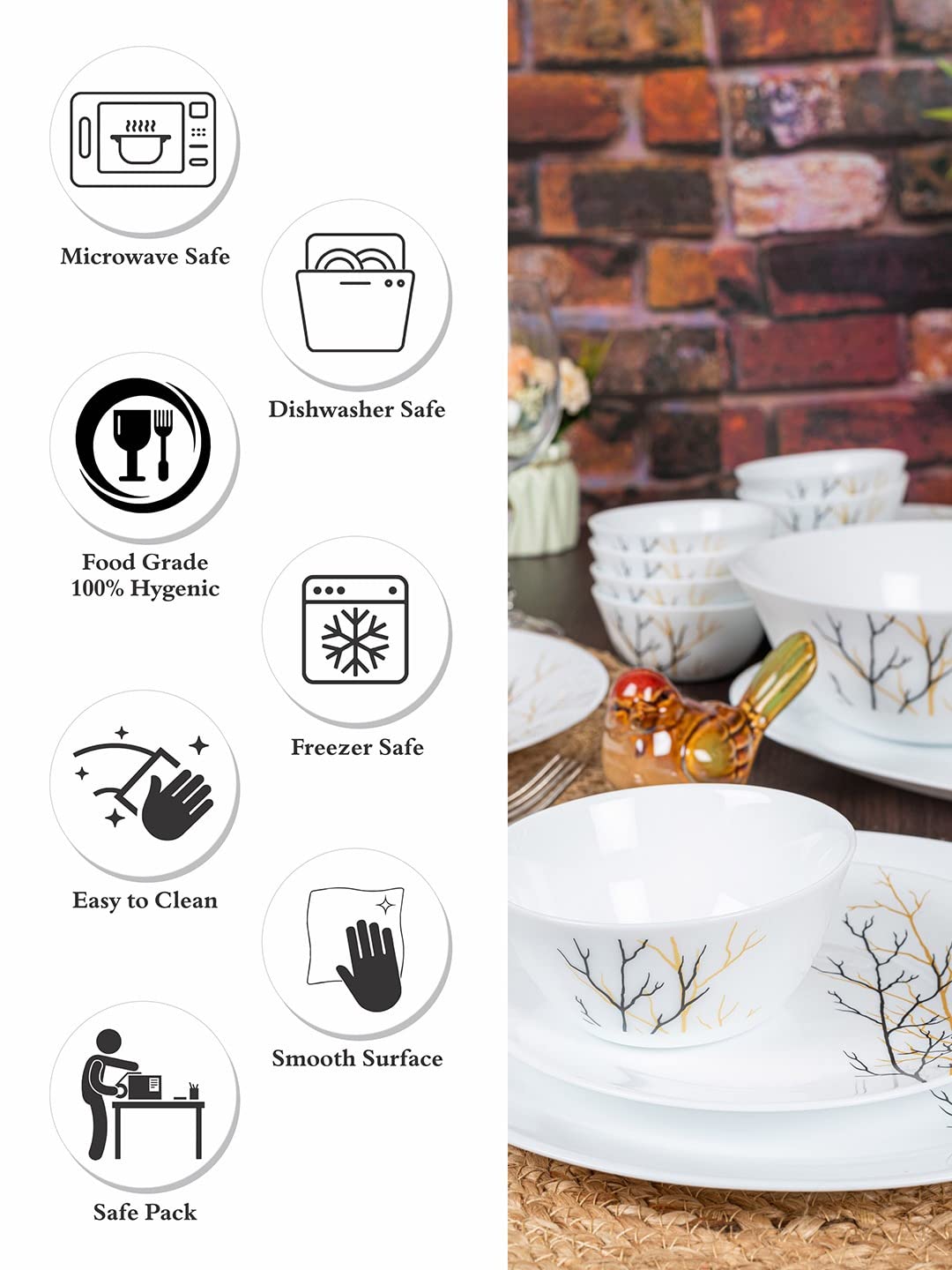 La Opala Diva Ivory Collection Opal Glass Crockery | for Family of 6 | Dinner Set 27 pcs Golden Fall | Plates & Bowls for Dining | Microwave Safe | 100% Vegetarian | Extra Strong | Light & White