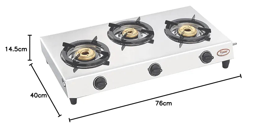 Prestige Gas Stove Perfect - Three Burner, Manual Ignition, Metallic Silver