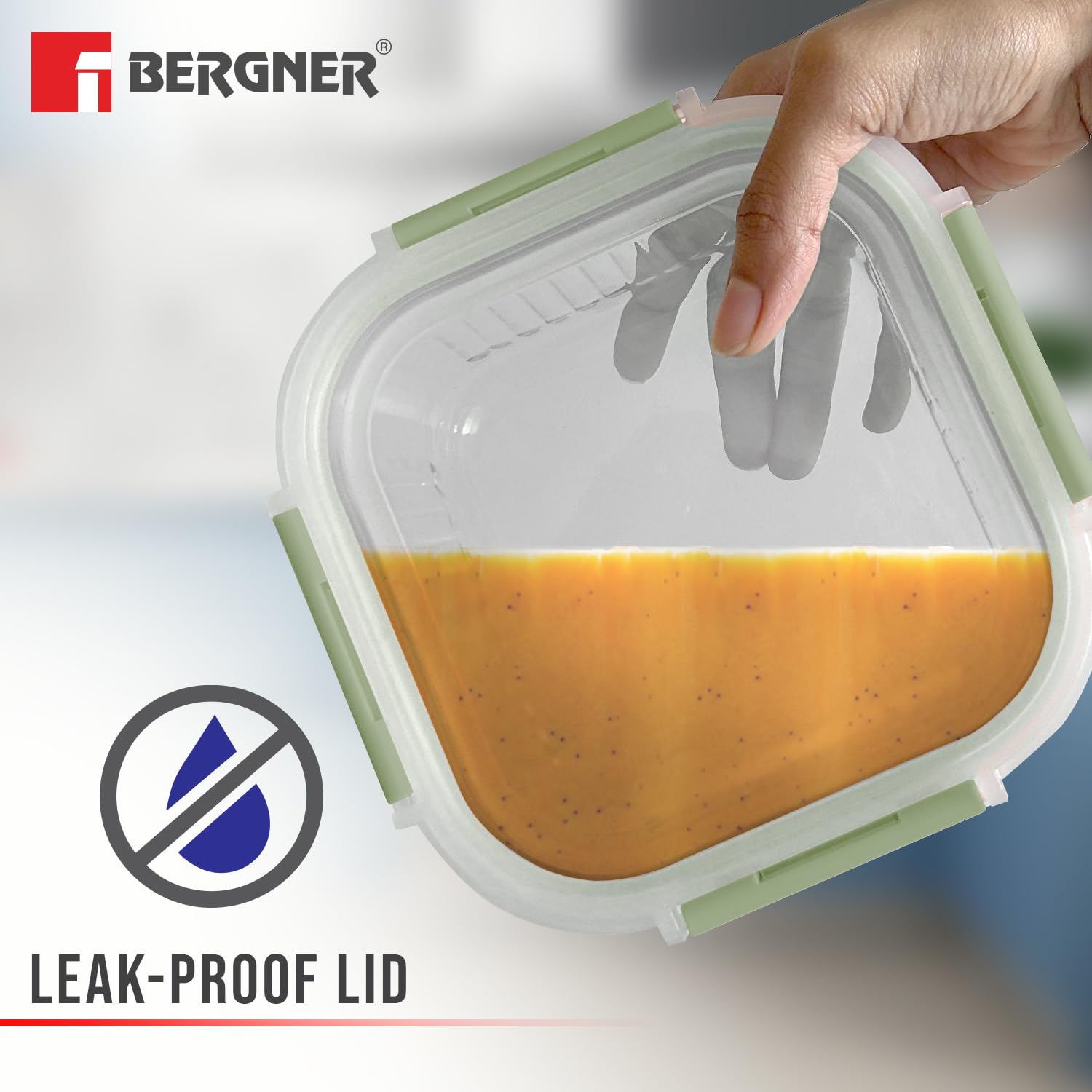 Bergner Smart Lock Borosilicate Rectangular 1.5 L Food Container for Kitchen/Tiffin, Air-Tight Lid with Locking Tabs, Space Saving, Stackable, Microwave & Oven Safe, Food Safe, Dishwasher Safe - Green