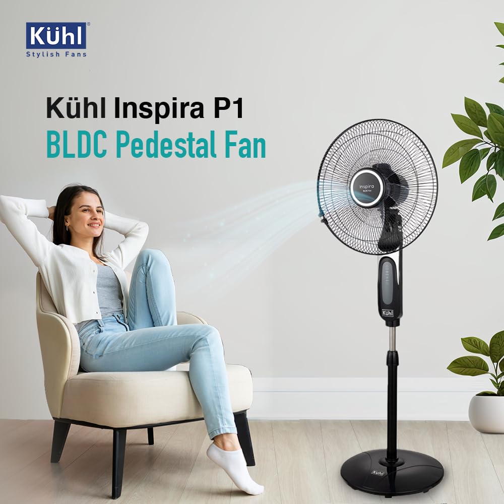 KUHL Inspira P1 | 400mm | BLDC Pedestal Fan with Remote | 5 wings | Touch Screen Control Panel | Height Adjustment | Tilt Mechanism, Swivel Function | Low Noise | Black