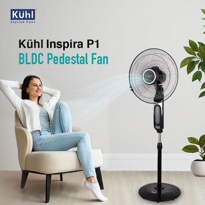 KUHL Inspira P1 | 400mm | BLDC Pedestal Fan with Remote | 5 wings | Touch Screen Control Panel | Height Adjustment | Tilt Mechanism, Swivel Function | Low Noise | Black