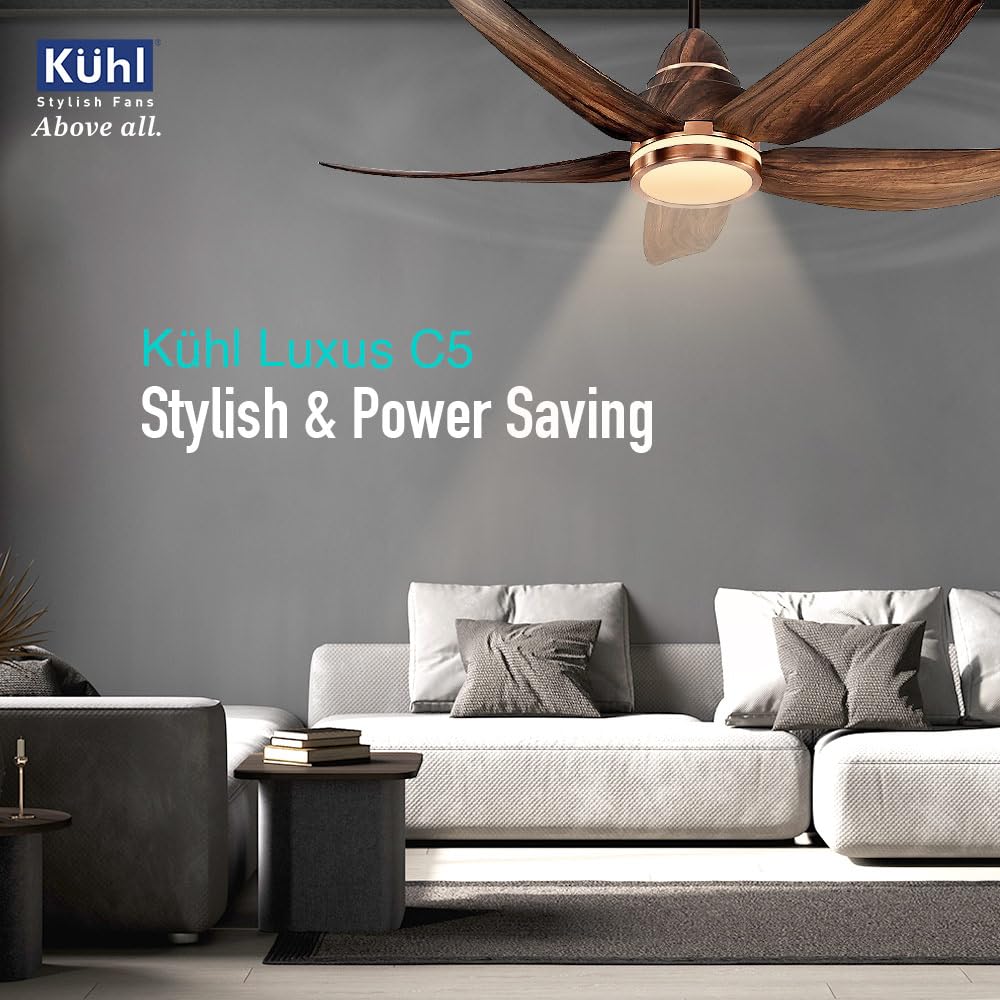 KUHL Luxus C5 1200mm Stylish 65% Power Saving BLDC Ceiling Fan with Remote | Night & Down Light | 29W | BEE 5 Star | Low Noise | IoT –Operate via Mobile & Alexa|Reverse Mode|Free Installation |Teak