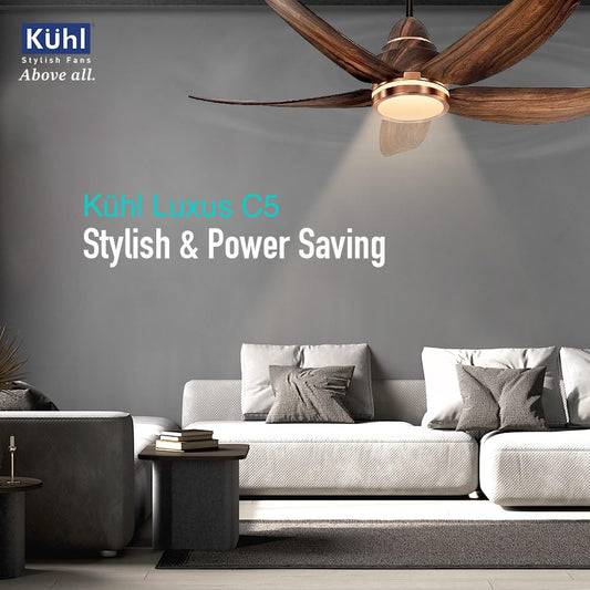 KUHL Luxus C5 1200mm Stylish 65% Power Saving BLDC Ceiling Fan with Remote | Night & Down Light | 29W | BEE 5 Star | Low Noise | IoT –Operate via Mobile & Alexa|Reverse Mode|Free Installation |Teak